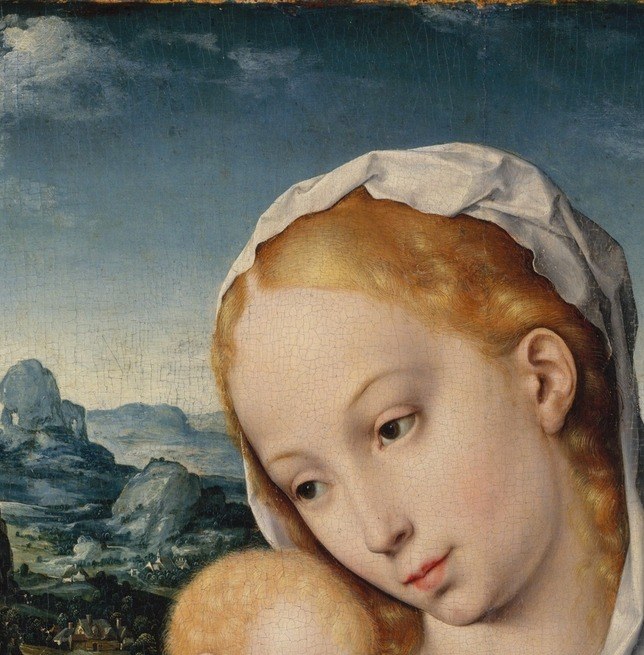 Her gaze is tender and introspective, directed at the child; the soft modeling of her cheek and lips is a hallmark of van Cleve's Flemish naturalism.