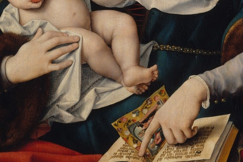 The book , likely scripture or a Book of Hours , is meticulously rendered with gilt edges and red ribbon; it grounds Mary as Seat of Wisdom and rewards extreme close-up.