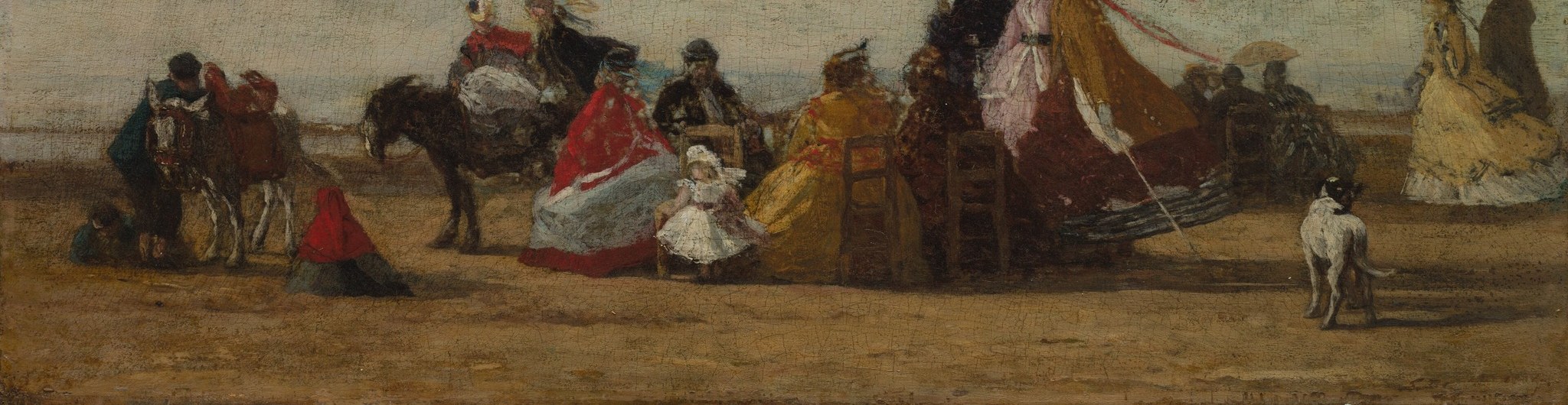 Figures on the sand suggest a lively social gathering.