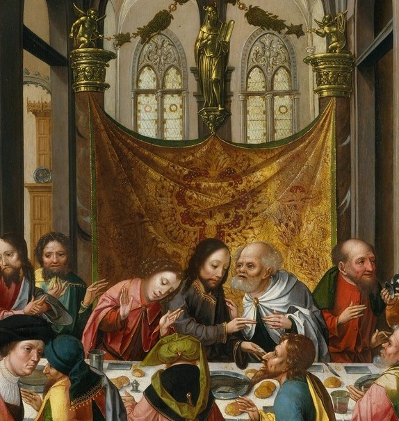 The institution of the Eucharist , upright posture and bread-holding gesture mark the theological pivot of the entire scene