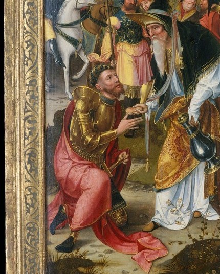 Two figures, kneeling in the left margin of a triptych.