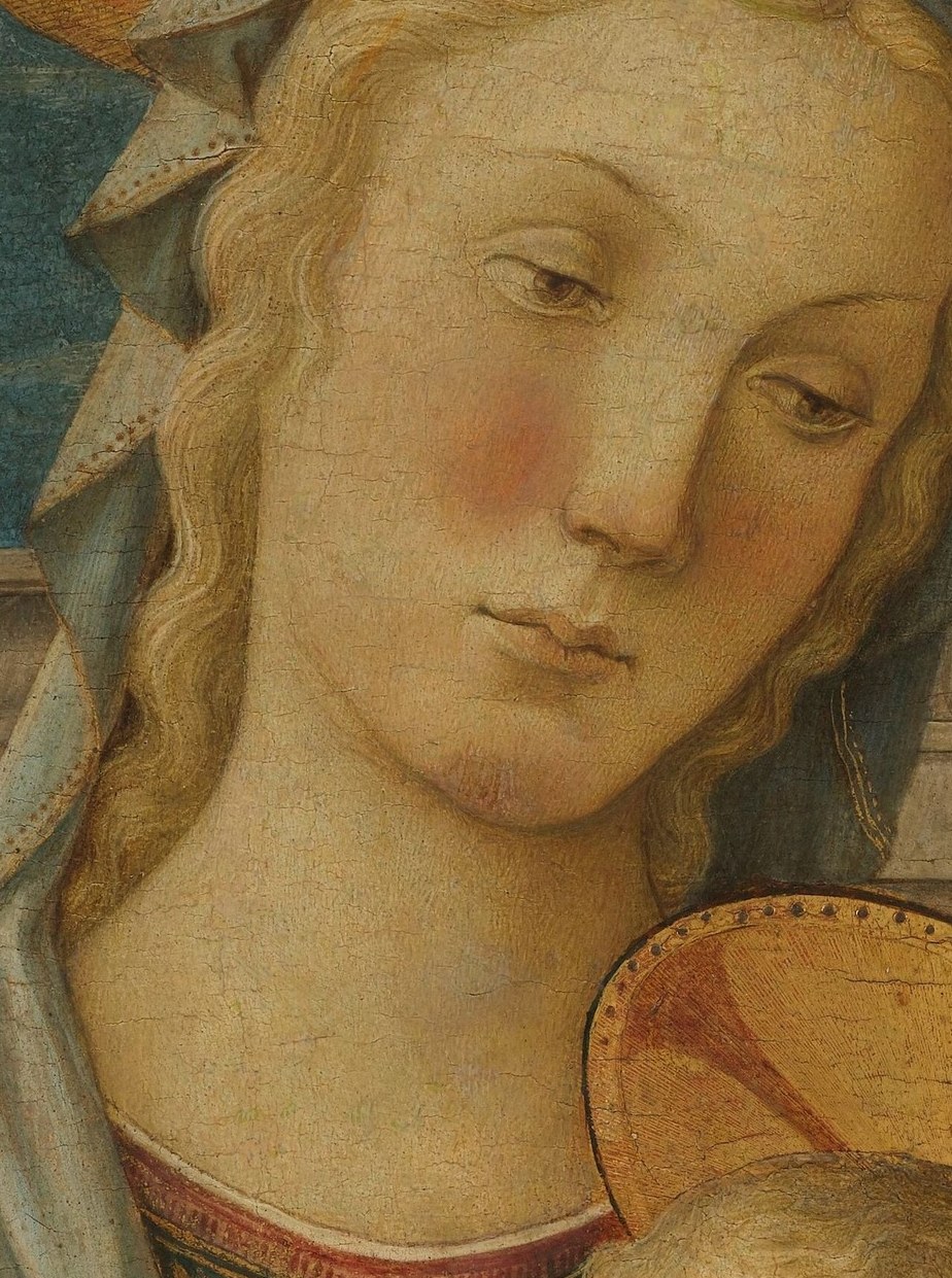 Her gaze is directed slightly away, suggesting contemplation or a divine connection.