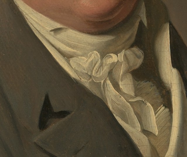 The elaborate knotting and ruffles of the cravat highlight the sitter's attention to fashion and social etiquette.