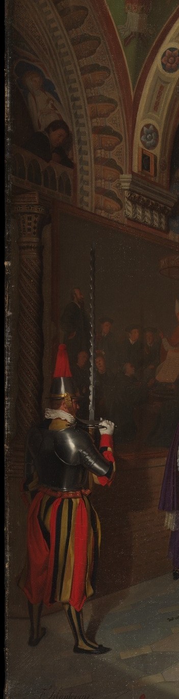 The gleaming cuirass and halberd introduce a martial element into a sacred space, reminding viewers that papal authority had temporal, military dimensions in 1843.