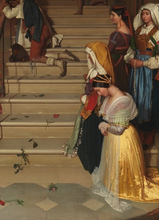 Her prostrate posture and vivid yellow dress pull the eye to the lower right margin, representing lay devotion contrasted with the official ceremony at center.
