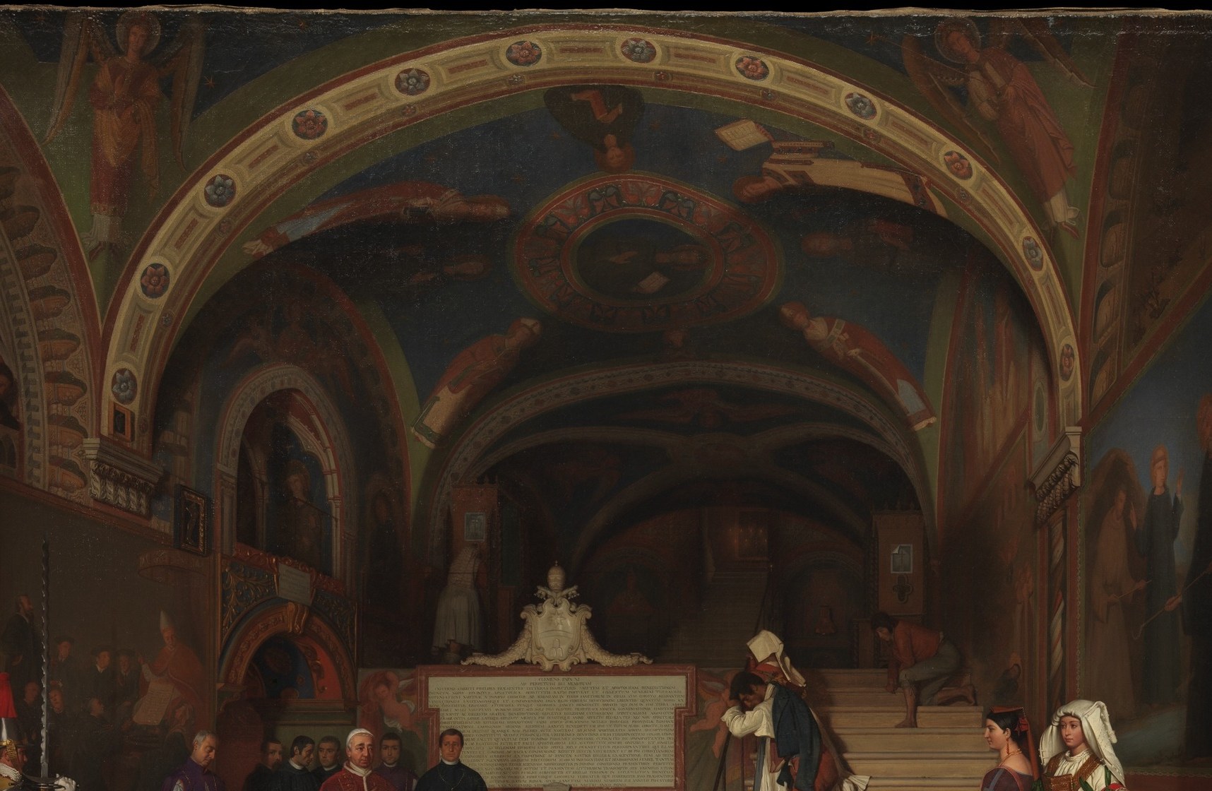 The massive arch of San Benedetto's ancient church dwarfs every figure beneath it, situating the ceremony within centuries of monastic history , the architecture is itself a character.