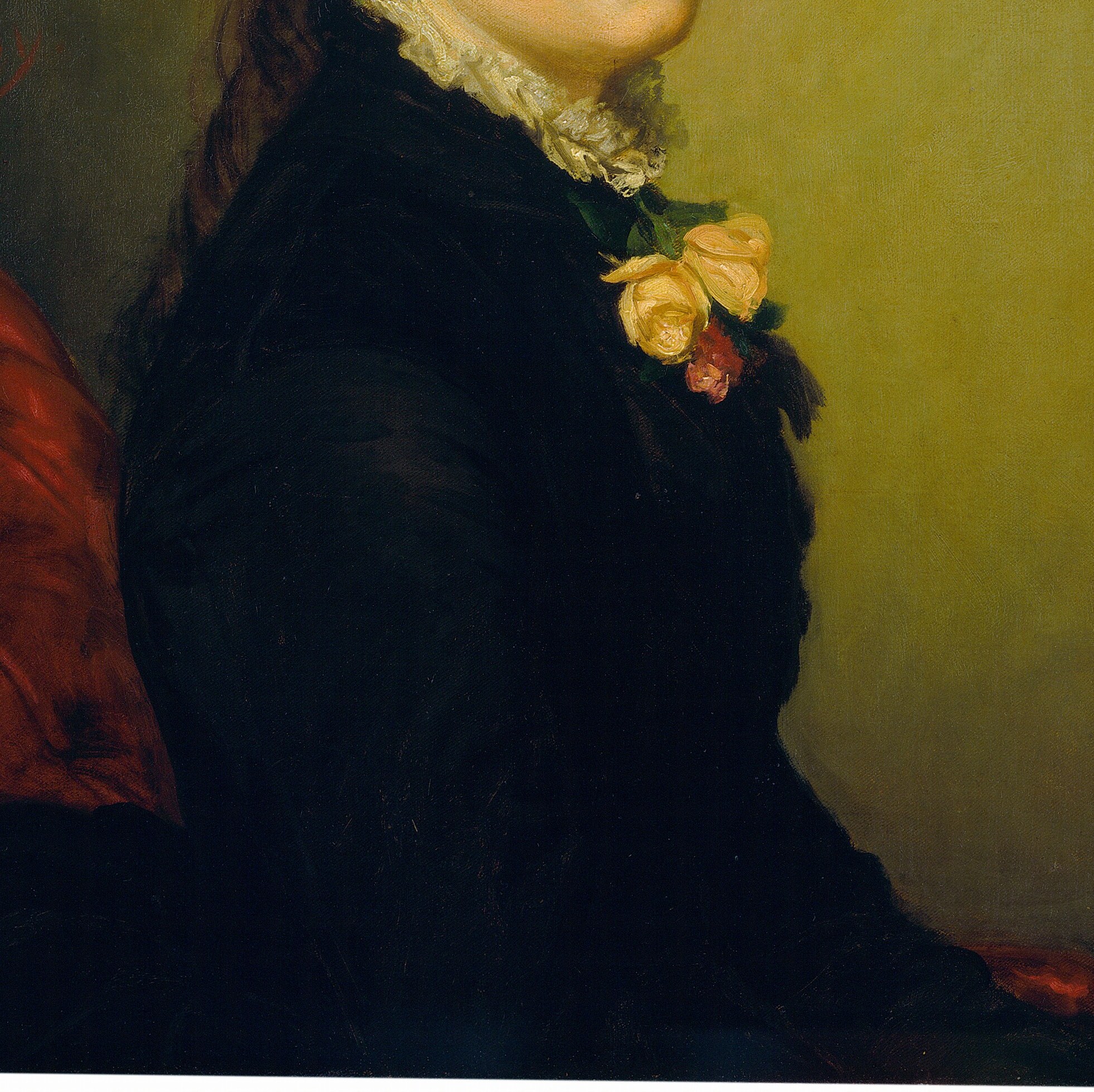The near-monochrome treatment of the dress isolates the face and accessories, a deliberate compositional choice that elevates the sitter's expression above material display.
