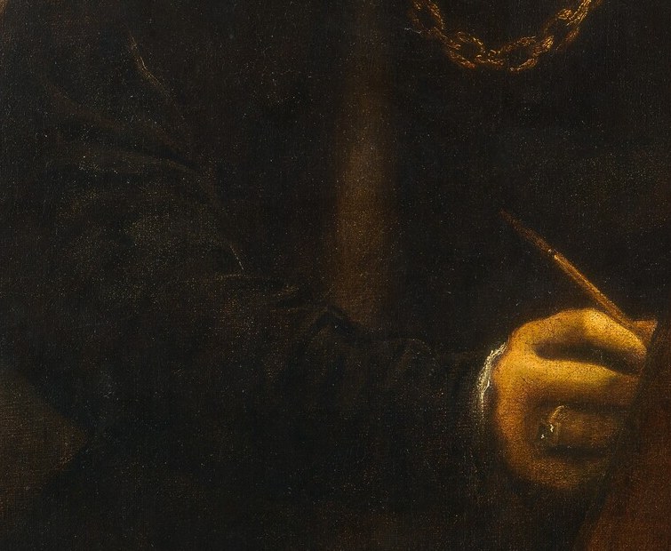 The held panel doubles as attribute and compositional anchor, its warm amber tone contrasting the dark robe and pulling the eye downward.