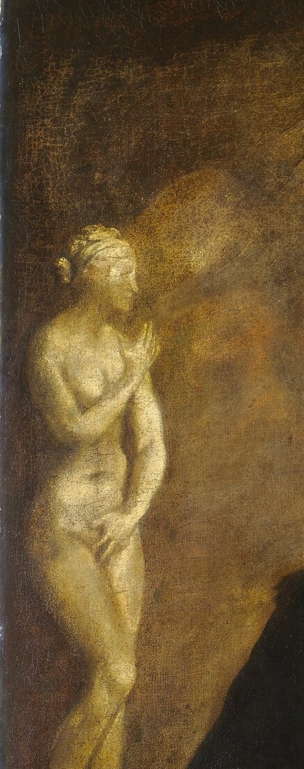 This incidental background figure is the hidden payload: a Venus (or sleeping nude) sculpture flags Titian's celebrated mythological oeuvre and alludes to classical precedent validating the artist's status.