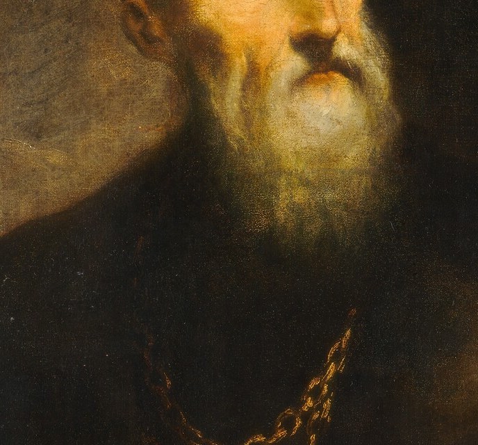 The beard signals extreme old age , Titian famously worked into his nineties, and this physiognomy is a coded claim about that legendary longevity.