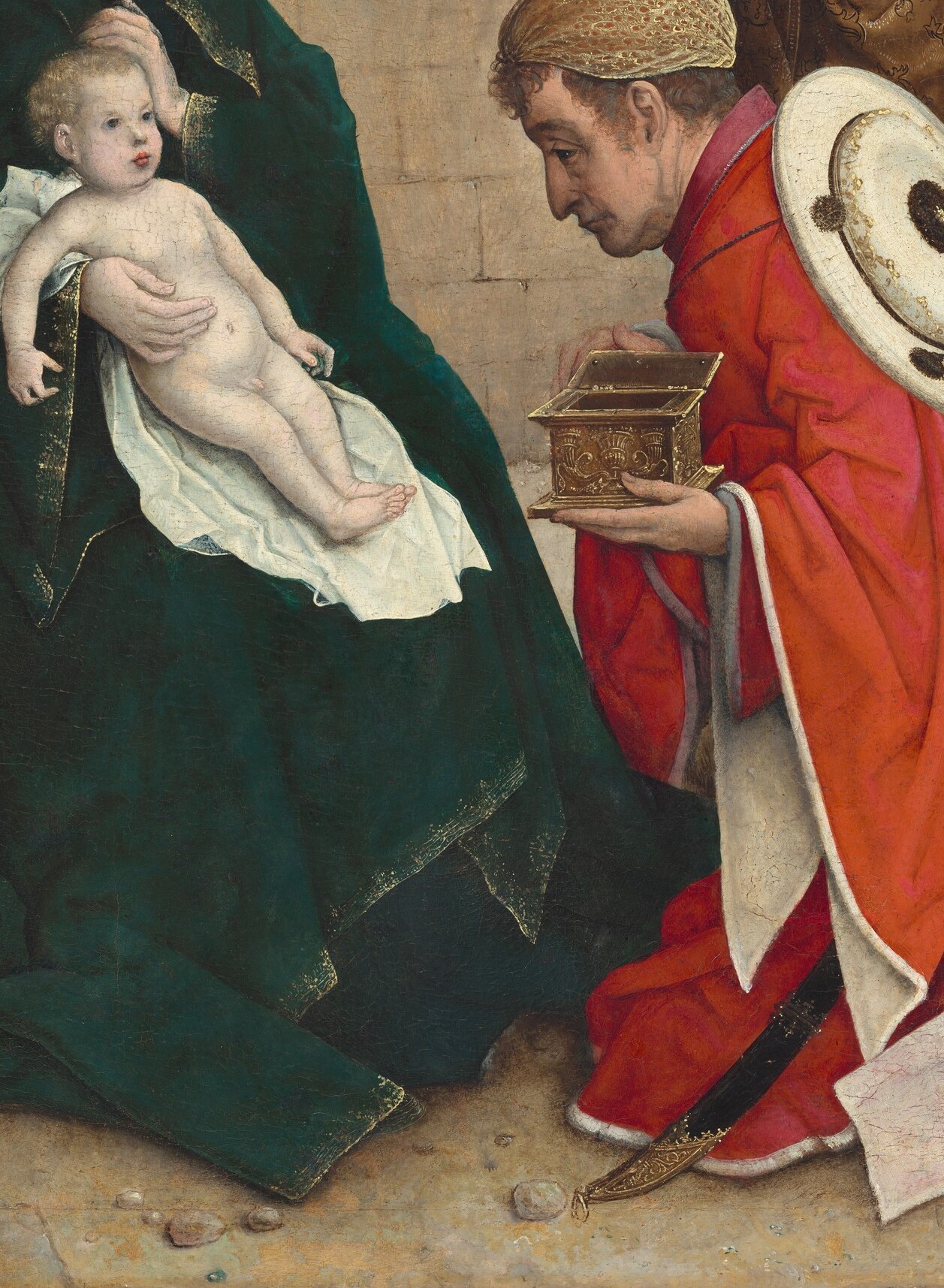 An almost abstract field of red occupies the lower third; Juan de Flandes uses it as a Flemish showpiece of fabric weight, fold, and light , the virtuoso passage of the composition.