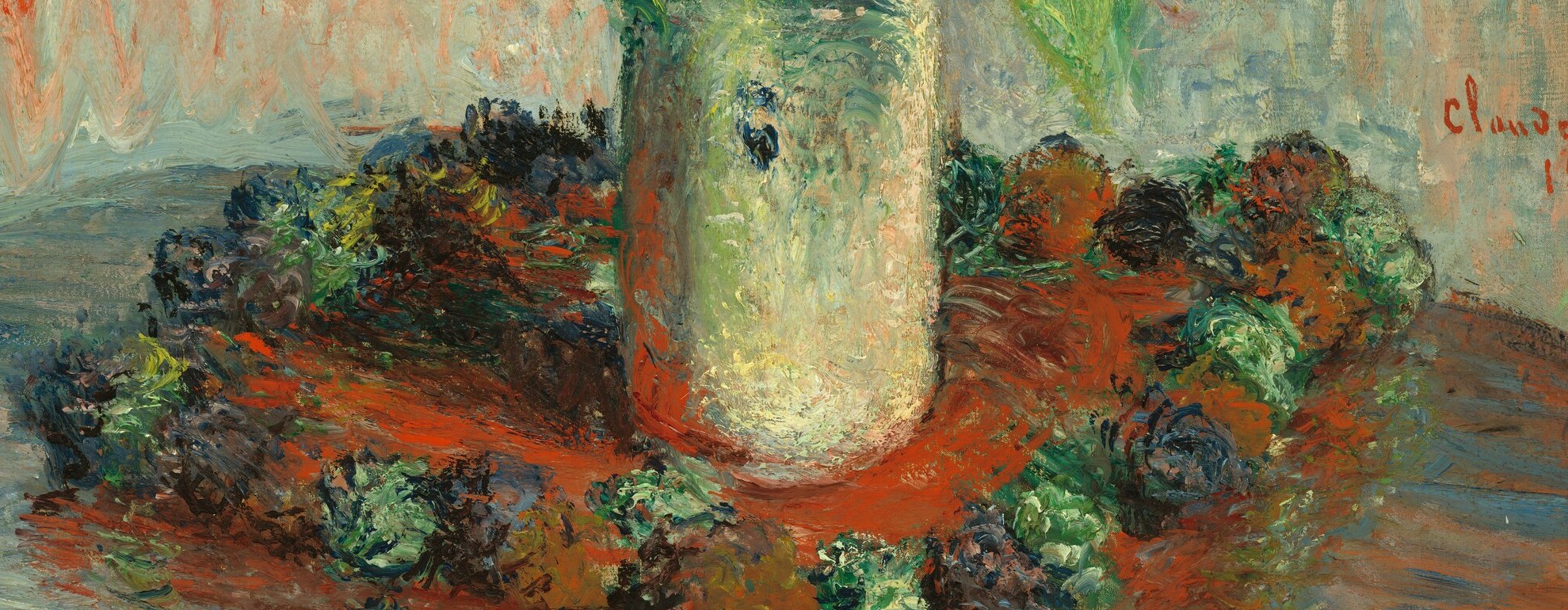 The elliptical table edge grounds the composition and introduces a warm reddish-brown that echoes the disc centers above, creating a colour rhyme across the canvas.