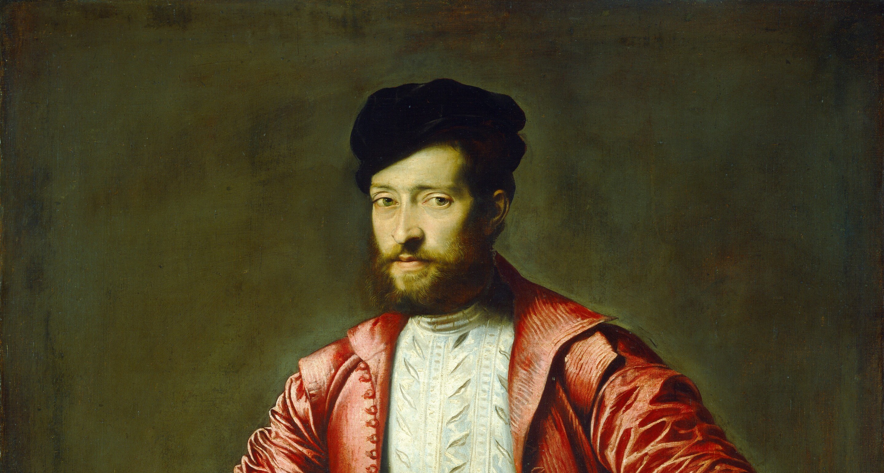 The featureless shadow ground focuses all light on the sitter , a Lombard-influenced technique borrowed from Moretto da Brescia; the absence of setting is itself a statement of timeless status.