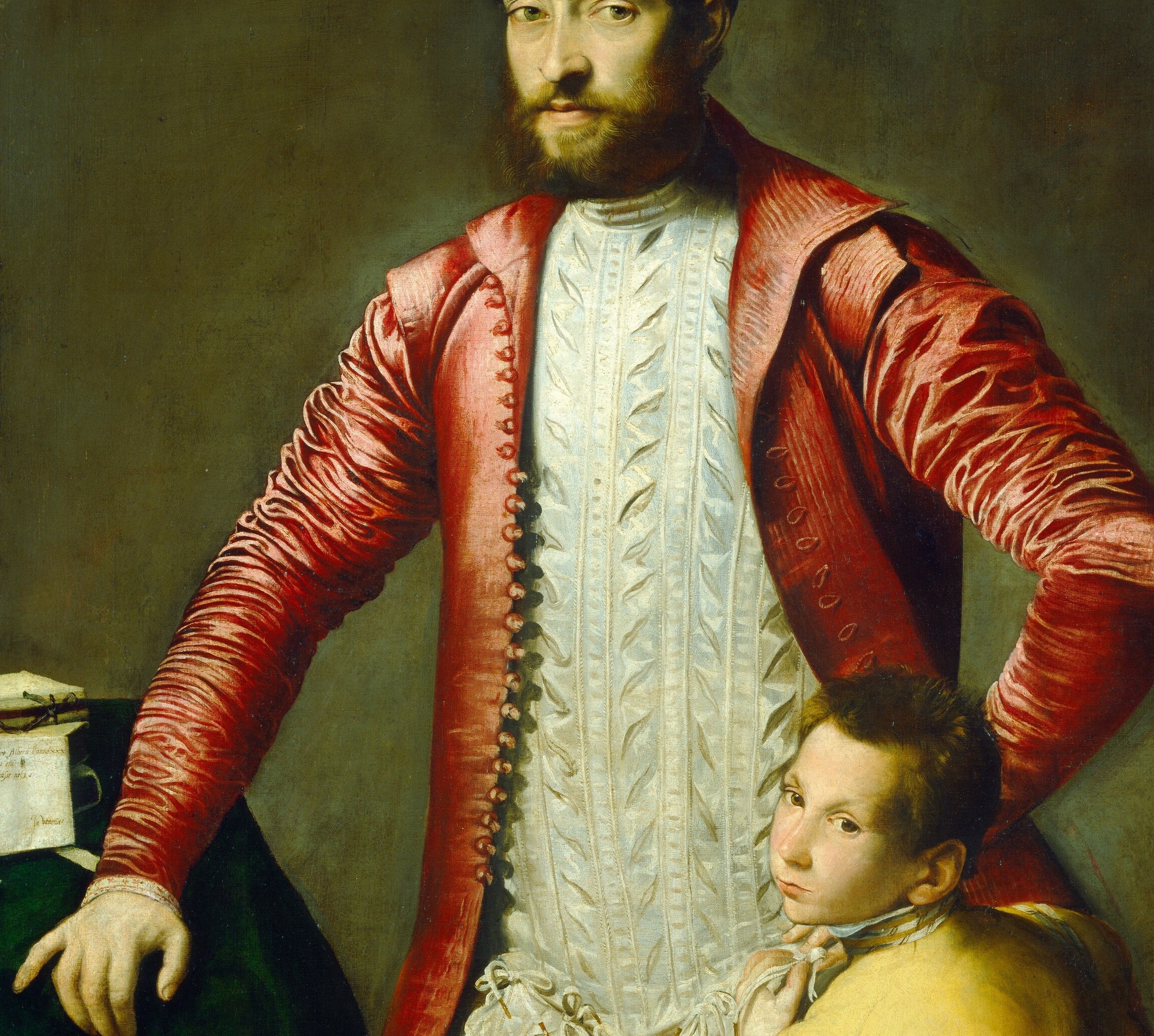 The slashes exposing white chemise beneath are both a fashion statement and a compositional device; the color commands the entire canvas.