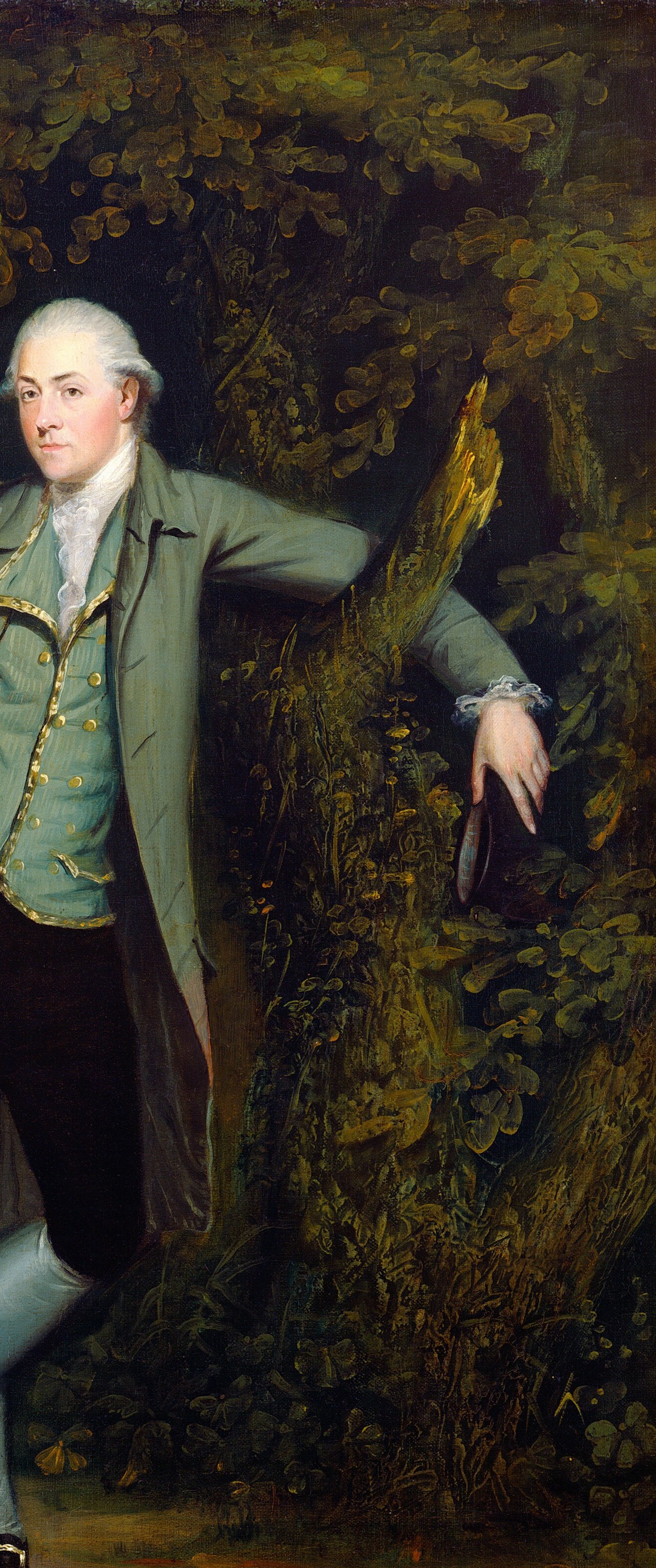 The dark arboreal backdrop acts as a natural backdrop curtain, a convention borrowed from Van Dyck that elevates the sitter to near-theatrical grandeur.
