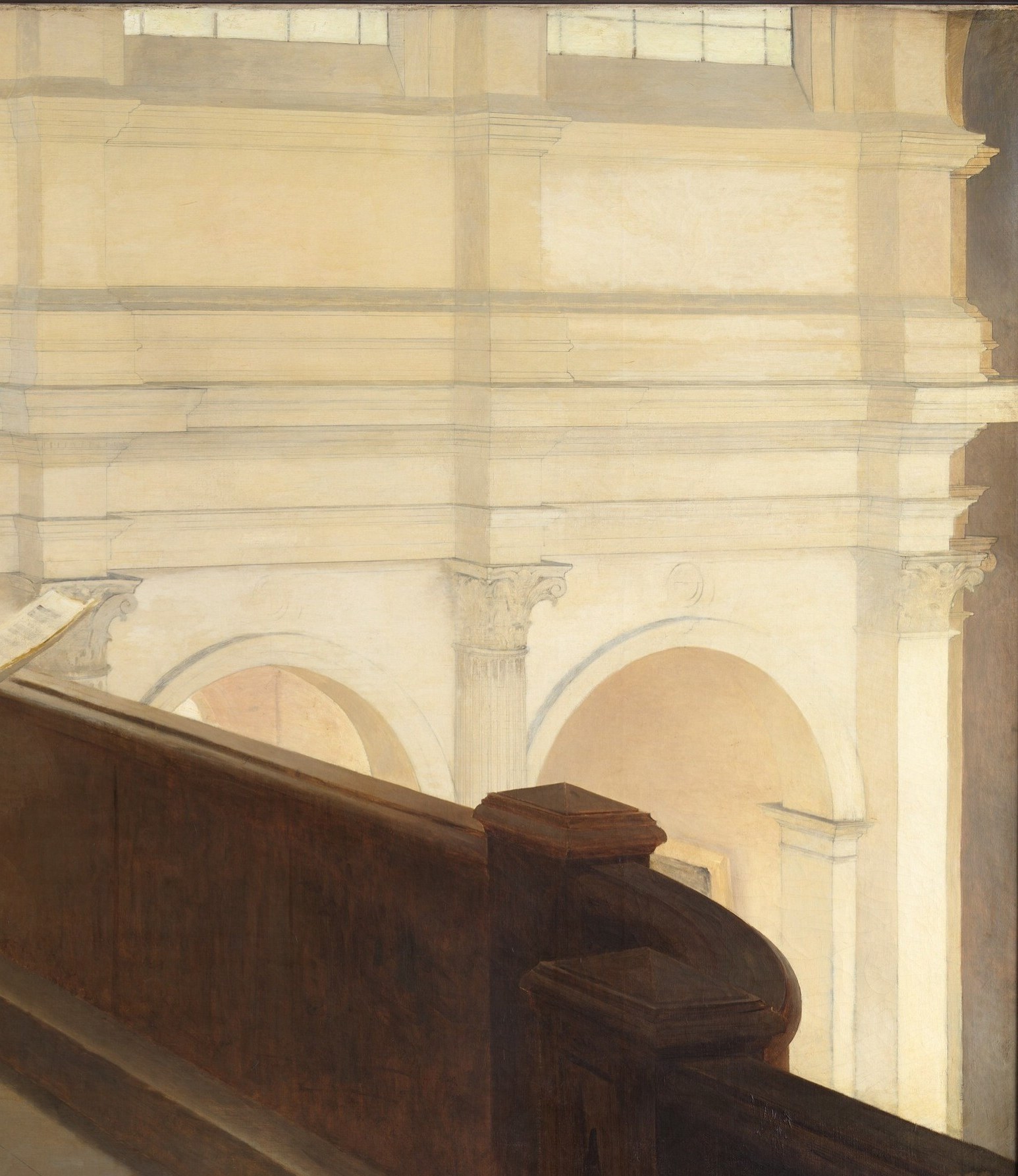 Classical architecture creates a deep perspective recession pulling the eye away from the people , the spatial grammar of a space built for something larger than any individual
