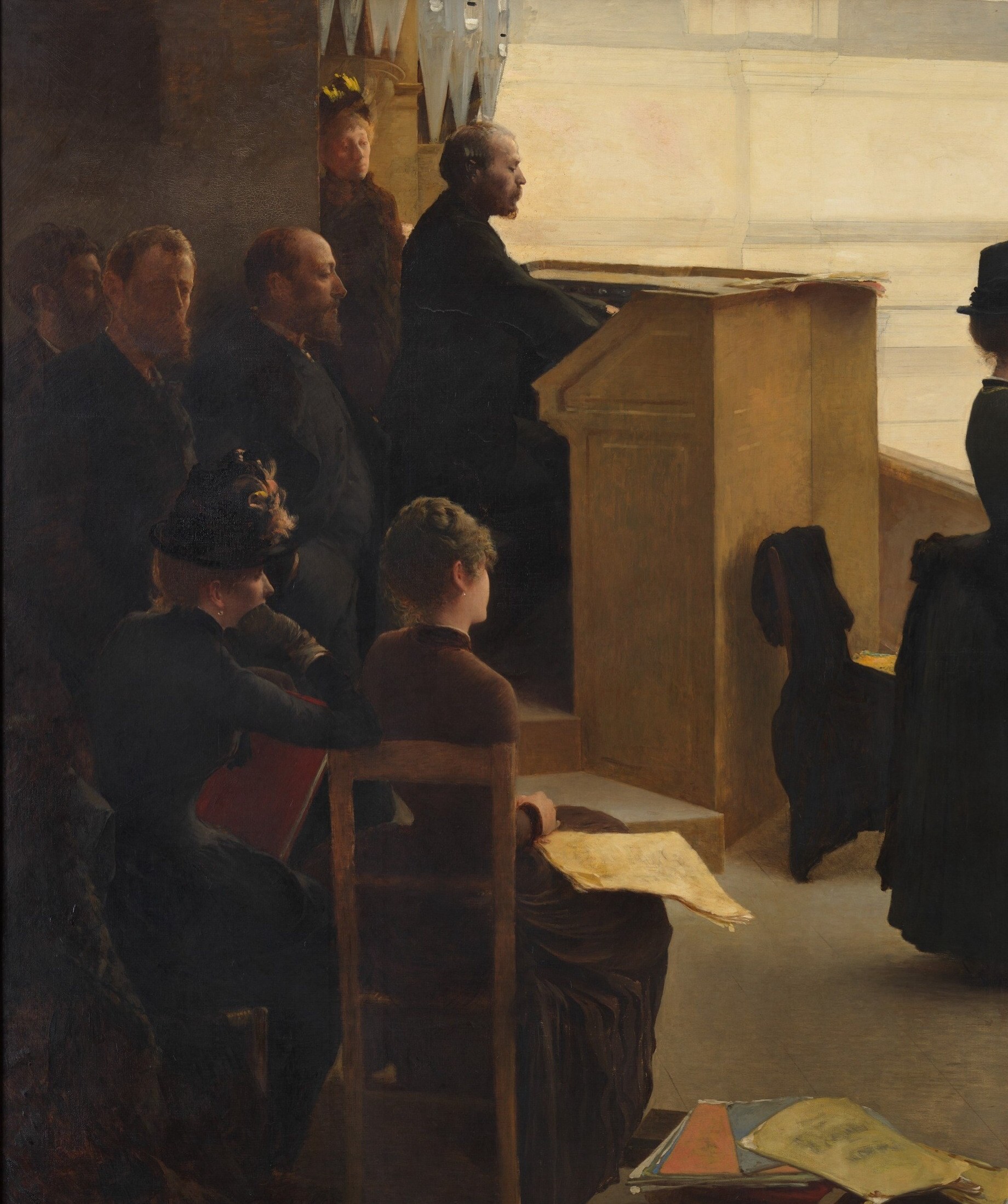 Wife, sisters, mother compressed into a warm dark pocket , the contrast between this intimate huddle and the vast empty nave behind them is the painting's central argument