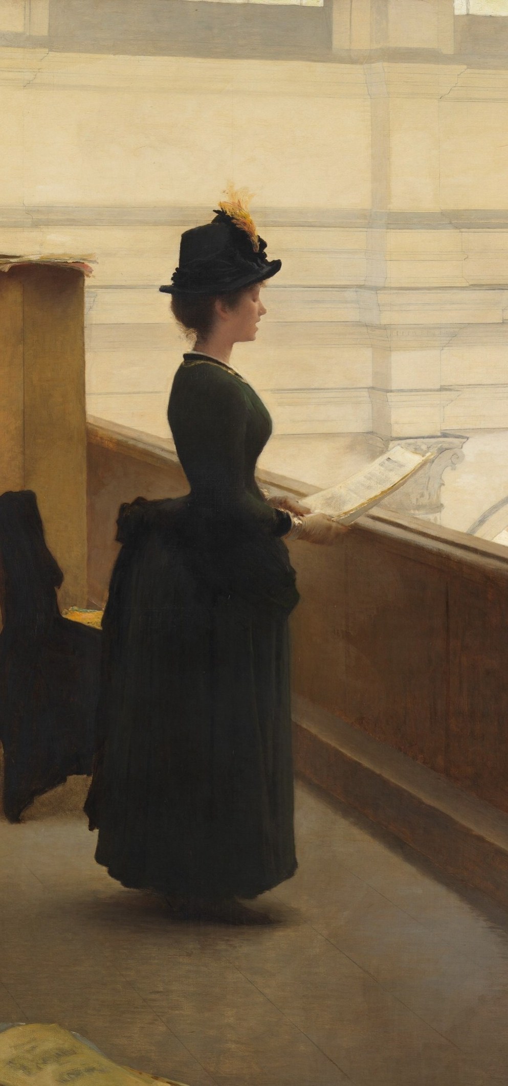 A virtuoso atmospheric passage , the standing woman occupies this exact boundary, half in domestic warmth, half in sacred coolness, making her the hinge between two worlds