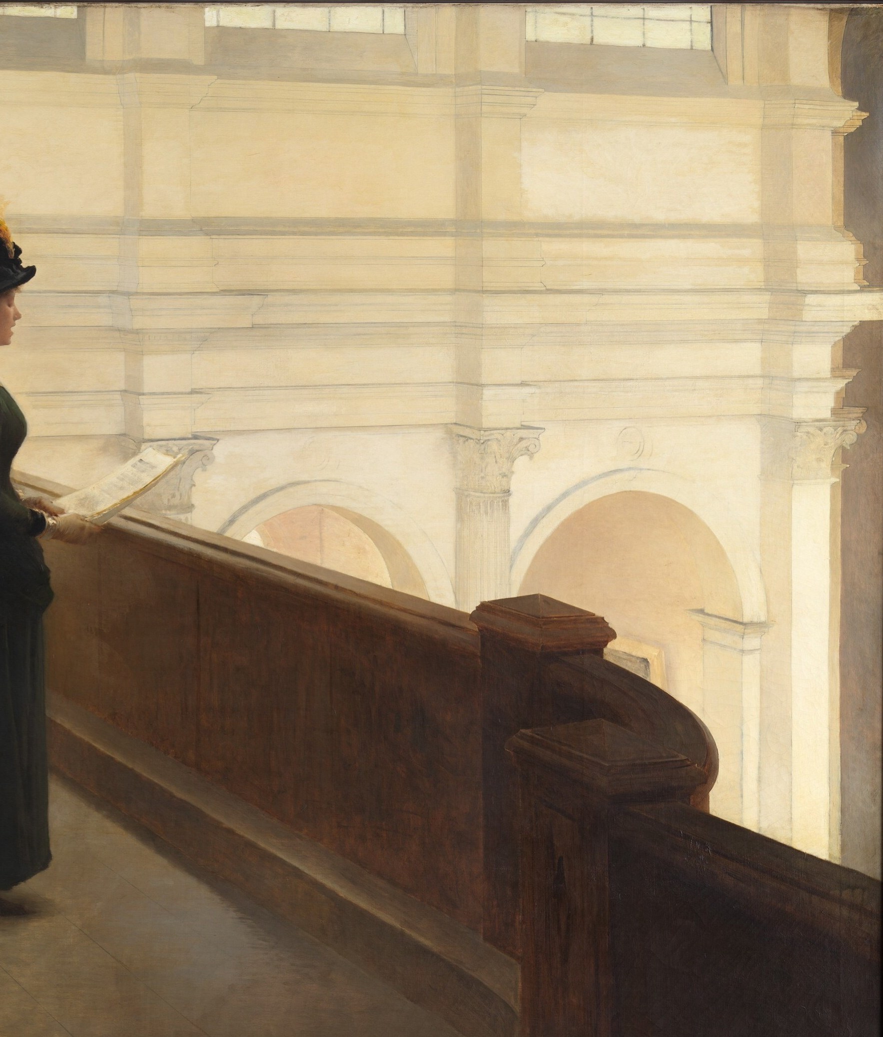 The vast luminous church dwarfs every human figure , Lerolle's radical choice to leave it nearly empty makes the intimate gathering feel both precious and swallowed by something infinite