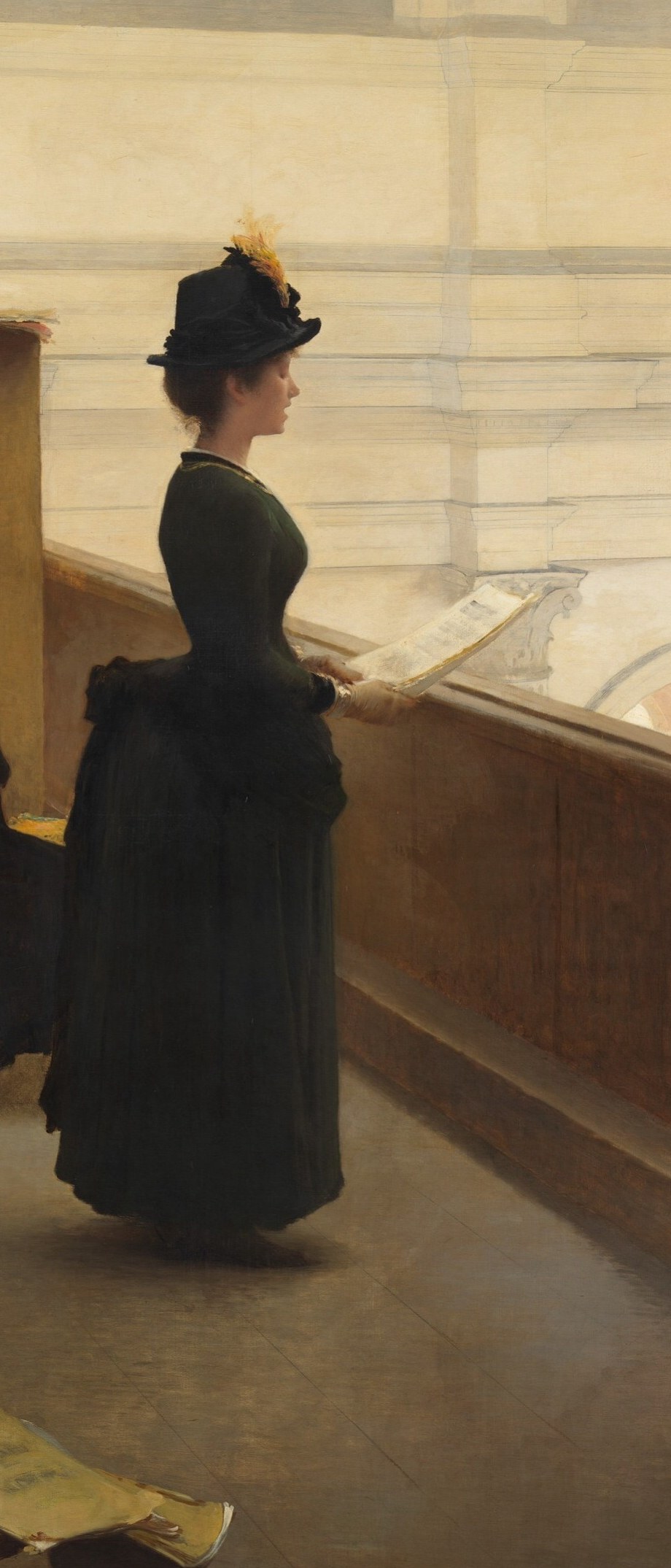 The compositional pivot , she stands isolated between the dark intimate gathering and the soaring bright nave, her upright stillness suggesting she is listening rather than playing, making her the emotional register of the scene