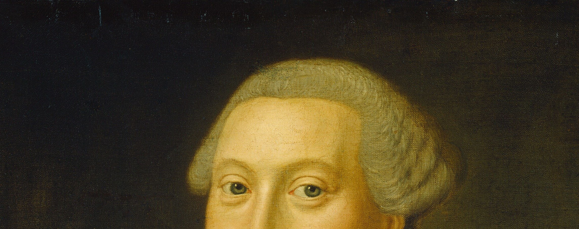 The wig signals social rank and era precisely; its scale against the face anchors the portrait in the mid-to-late 18th century fashionable world.