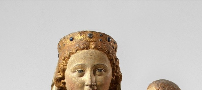The crown declares Mary as Regina Coeli , Queen of Heaven , a theological claim as explicit as a caption; its survival of gold leaf makes it the most legible symbol in the work.