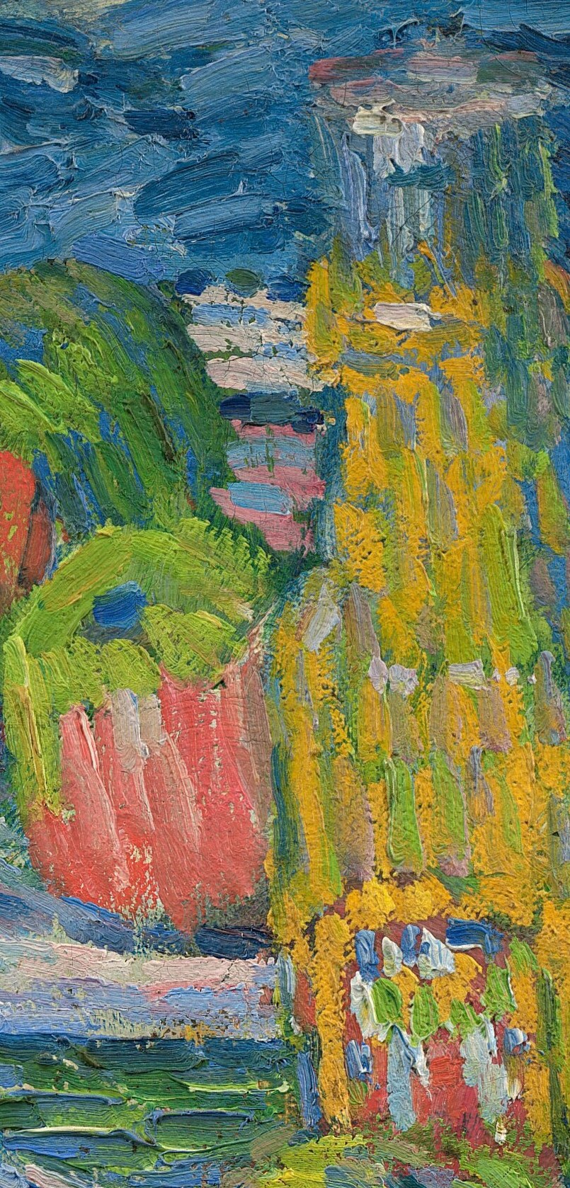 The dominant vertical axis of the composition; its streaked yellow and ochre impasto catches light dramatically and anchors the entire arrangement.