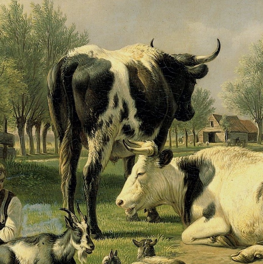 Its solid presence anchors the middle ground and provides a strong visual contrast, representing the livestock central to agrarian life.