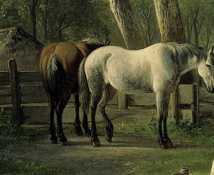 Cows graze peacefully, and a white horse stands alert.