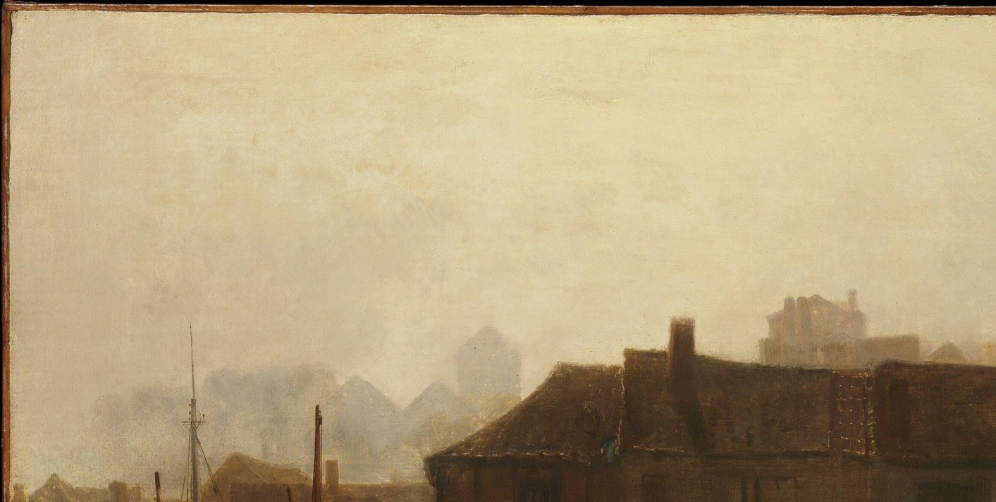 Turner's signature atmospheric dissolution , the mist blurs Plymouth across the water and shows how weather, not topography, is the true subject.