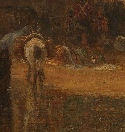 A redcoat sentry waits at the water's edge.