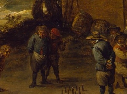 Others enjoy a game of bowls near a thatched roof building.