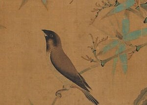 Two finches on bamboo. He paints them from life.