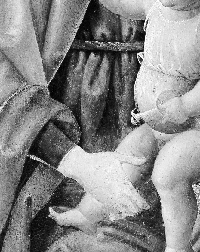The bare-chested child is the compositional and theological center; any gesture or gaze direction the infant makes dictates the meaning of the whole gathering.