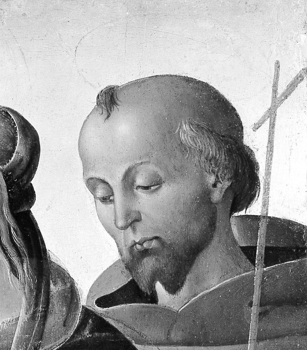 Francis gazes toward the Christ child with characteristic humility; his placement mirrors Jerome, creating a balanced devotional bracket around the holy pair.