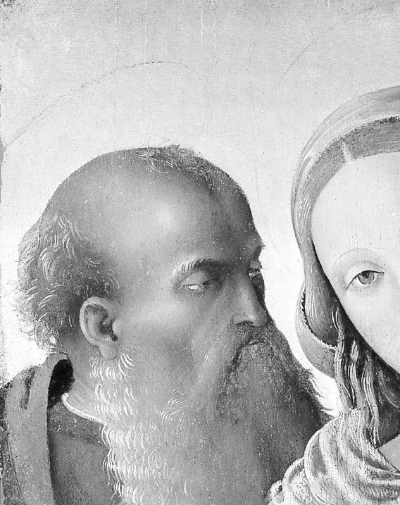 His stern, weathered face and full beard identify him as the ascetic scholar-saint; the close proximity to Mary suggests intimate reverence rather than distance.