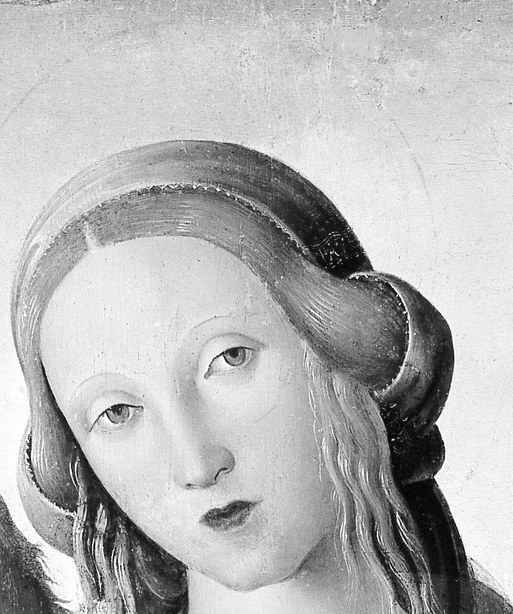 The emotional anchor of the composition; her slightly downcast eyes and gentle expression embody maternal tenderness and sacred devotion.