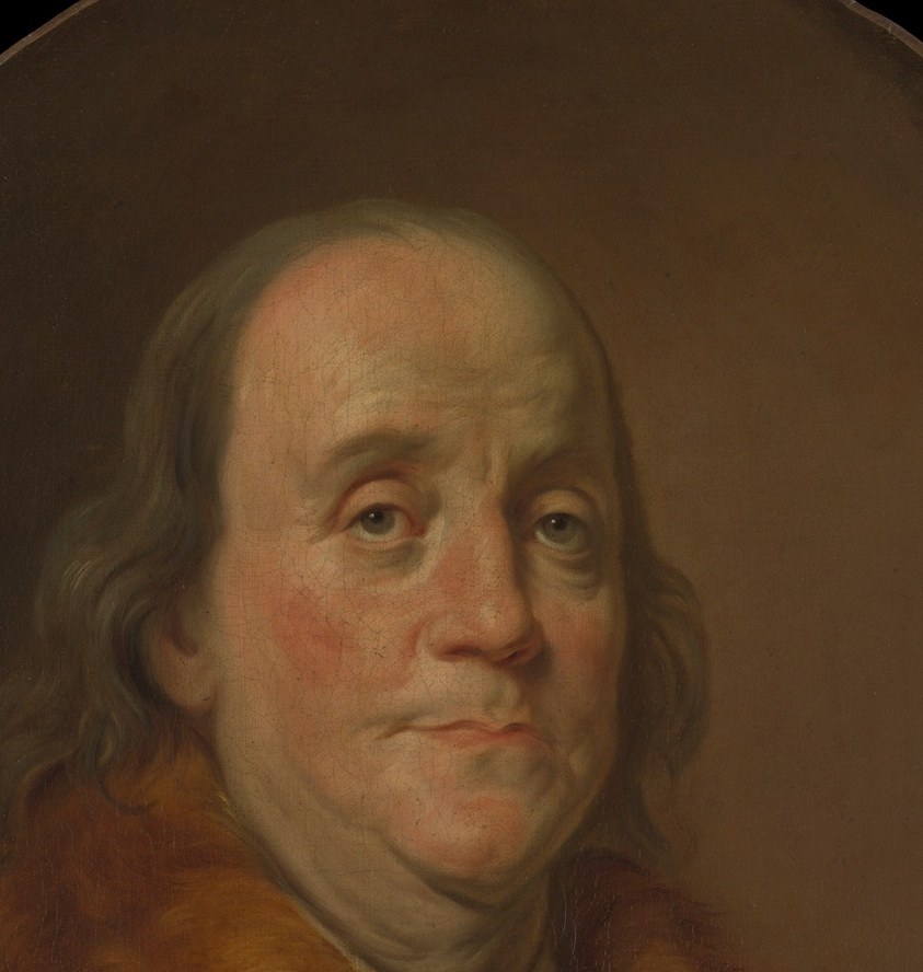 The primary subject; the aged, composed features carry decades of public life , an unusual directness that courts in both Philadelphia and Paris would have recognized instantly.