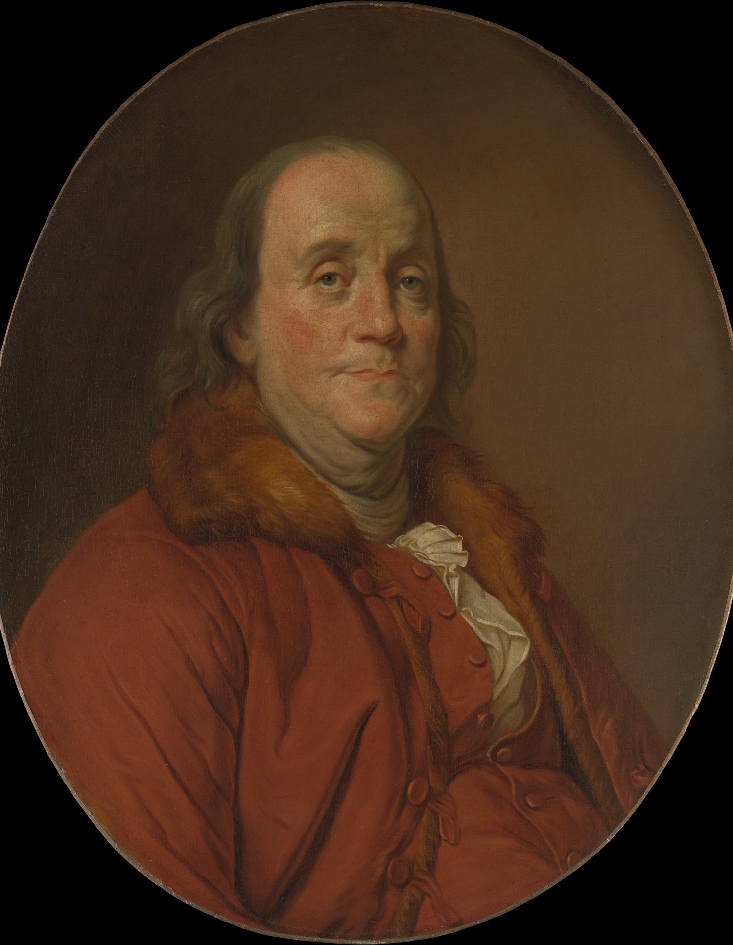 The oval was the prestige format for formal sitters and portrait miniatures in the late 18th century; its shape frames Franklin as an emblem , a type to be reproduced , not merely a man.