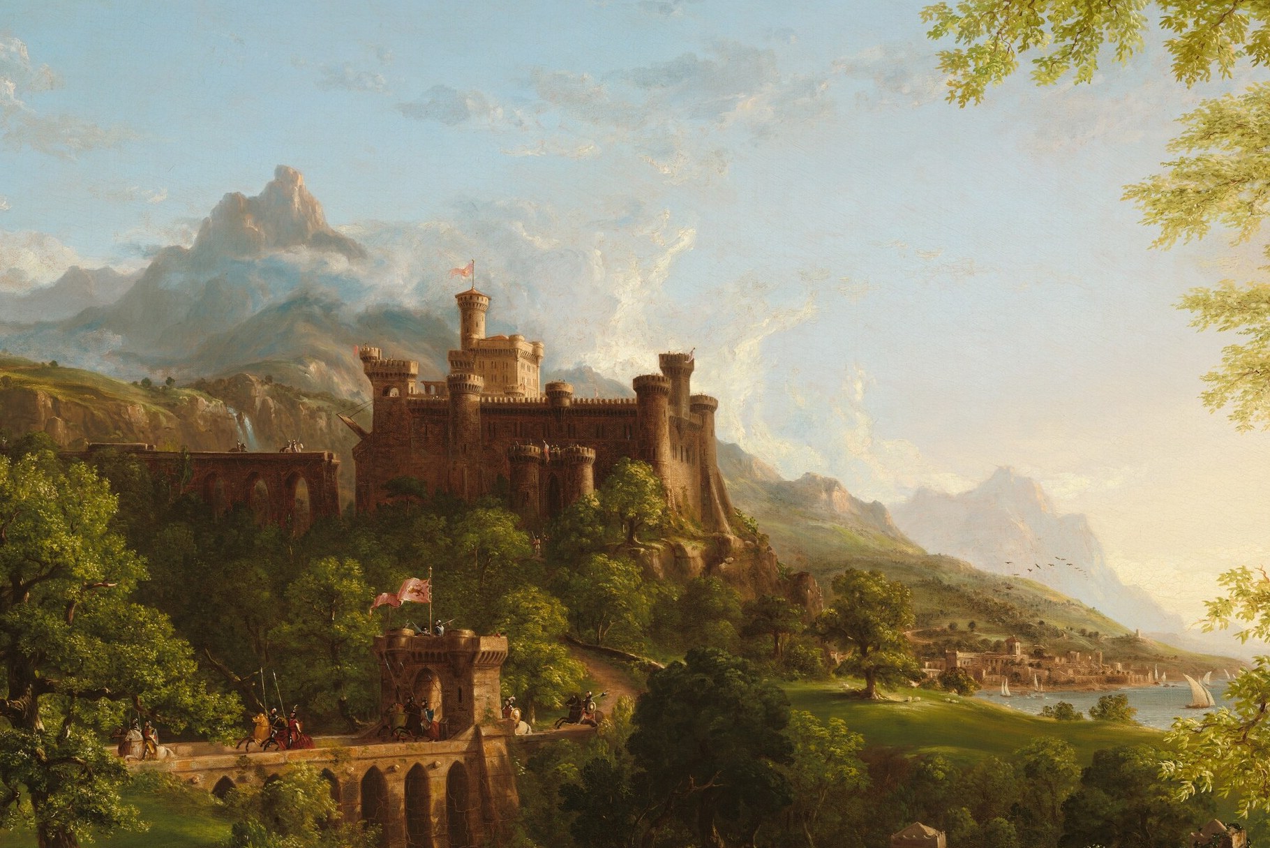 Richly detailed romantic medieval architecture; the home being left behind, radiating permanence and power the departing figures are abandoning