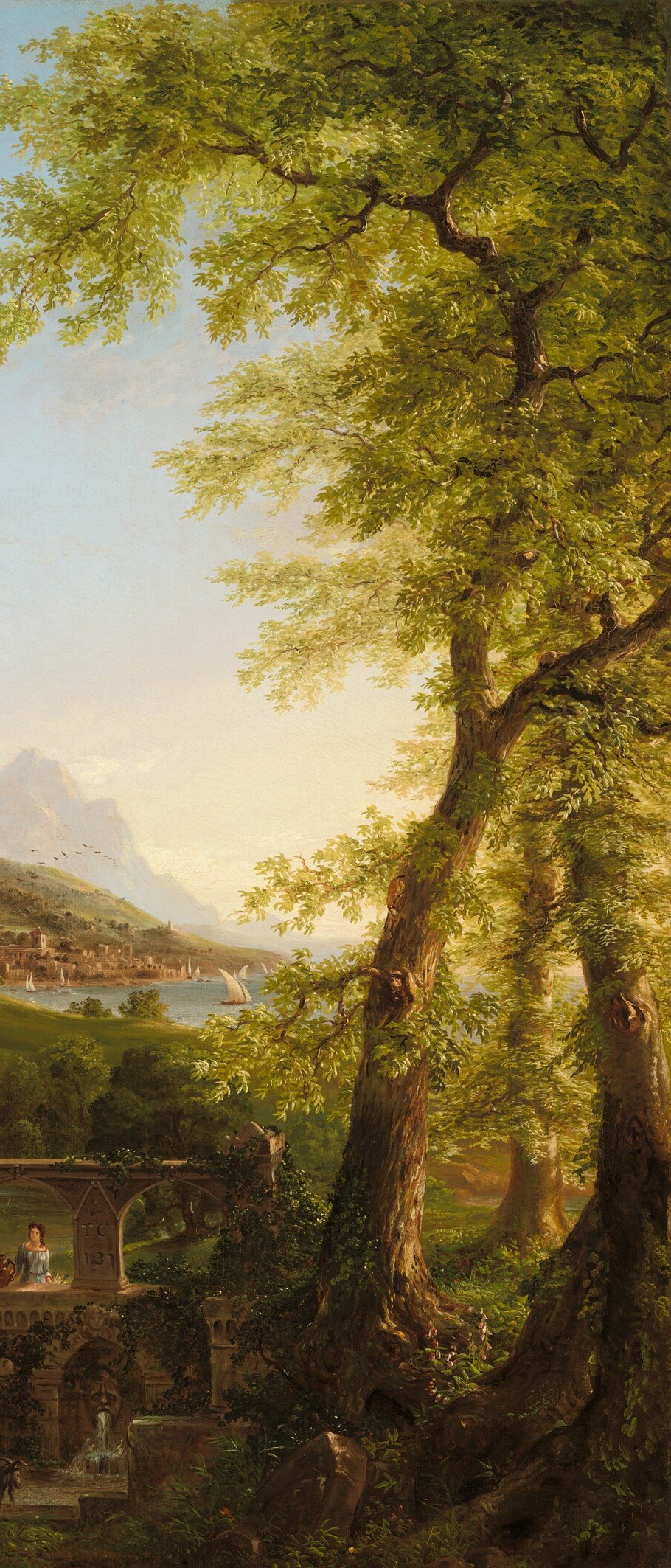 Cole's classic repoussoir framing tree; its age and rootedness contrasts with the transience of the departing figures , nature endures, humans pass