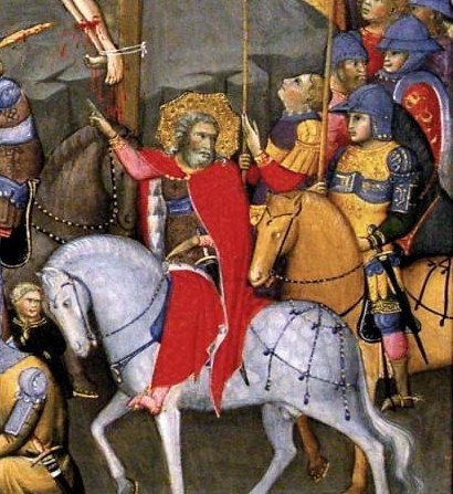 Mounted soldiers in red and blue push in from the right.