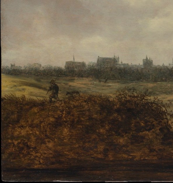 Painted with warm umber underpaint barely covered , the characteristic heathland northwest of The Hague that identifies the exact approach route