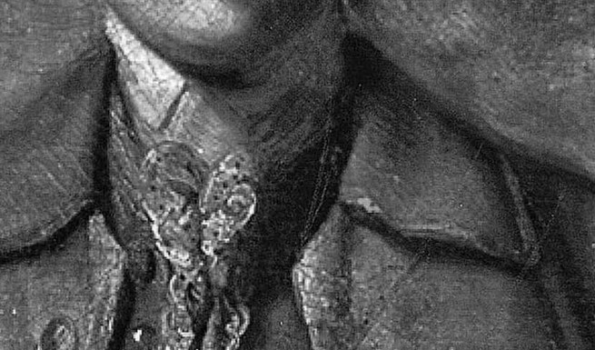 The delicate lace cascade against the dark coat encodes rank and wealth; fine brushwork here contrasts sharply with the broad treatment of the coat.