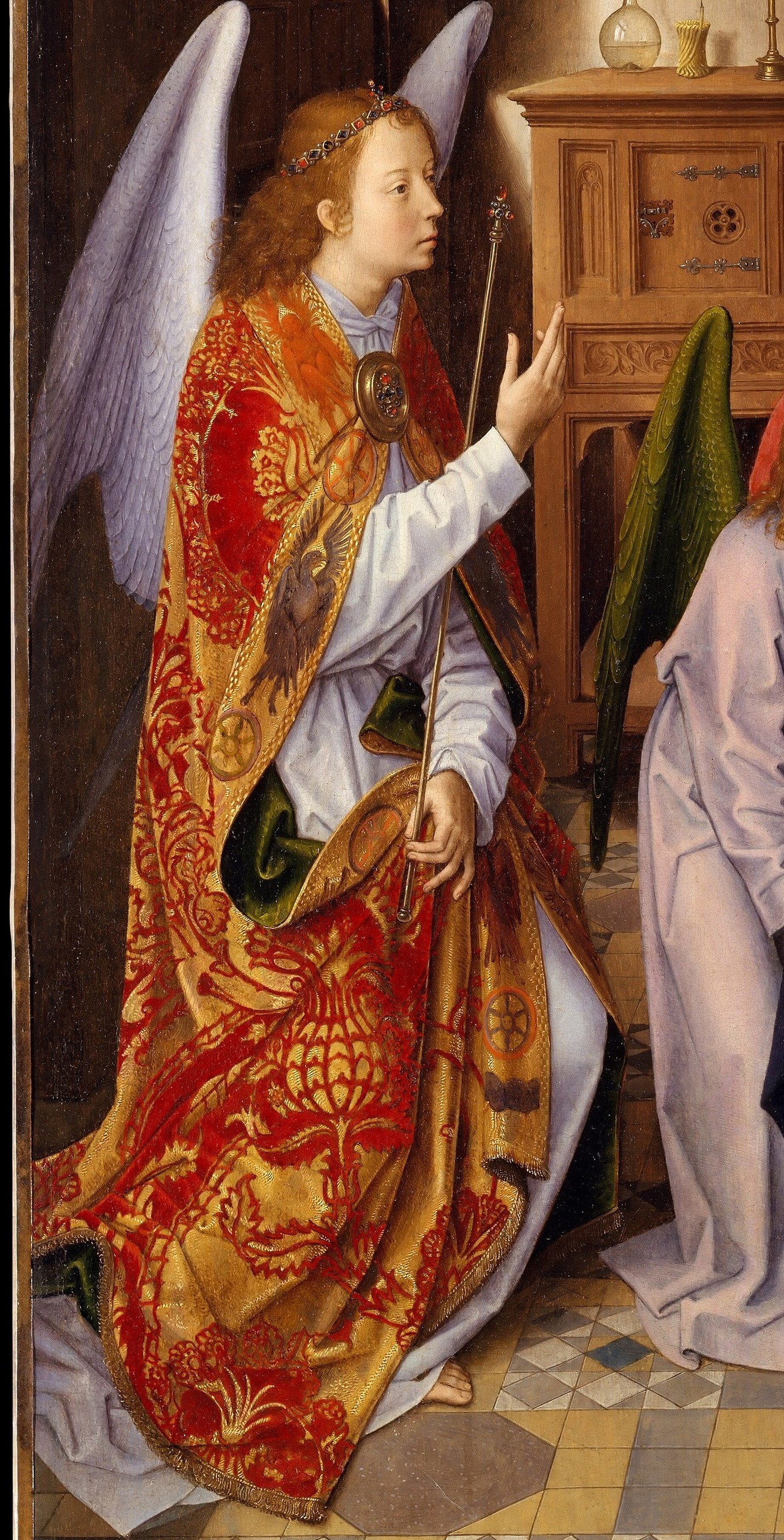 Memling's jewel-like rendering of brocade fabric is a technical tour de force , the gold weave catches light differently from the crimson ground, demonstrating Early Netherlandish oil technique at its peak.