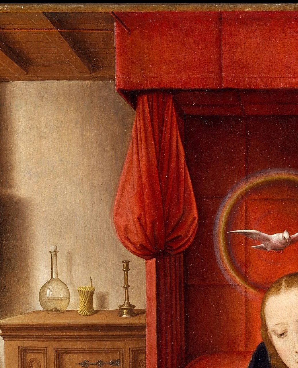 Mary's downward tilt and half-closed eyes signal the swoon that Memling uses to foreshadow her suffering at the Crucifixion , grief and acceptance collapse into a single expression.
