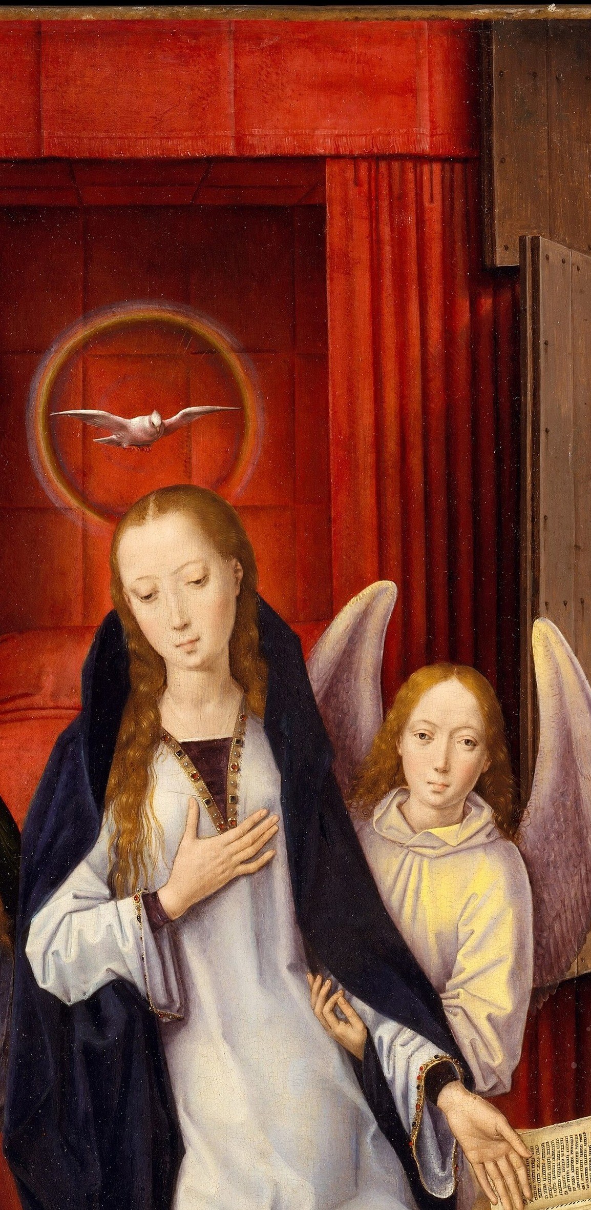 The saturated red provides the chromatic foil that makes Mary's blue mantle (if present) and Gabriel's gold read clearly; in Flemish painting red curtains also signal a sacred or royal interior.