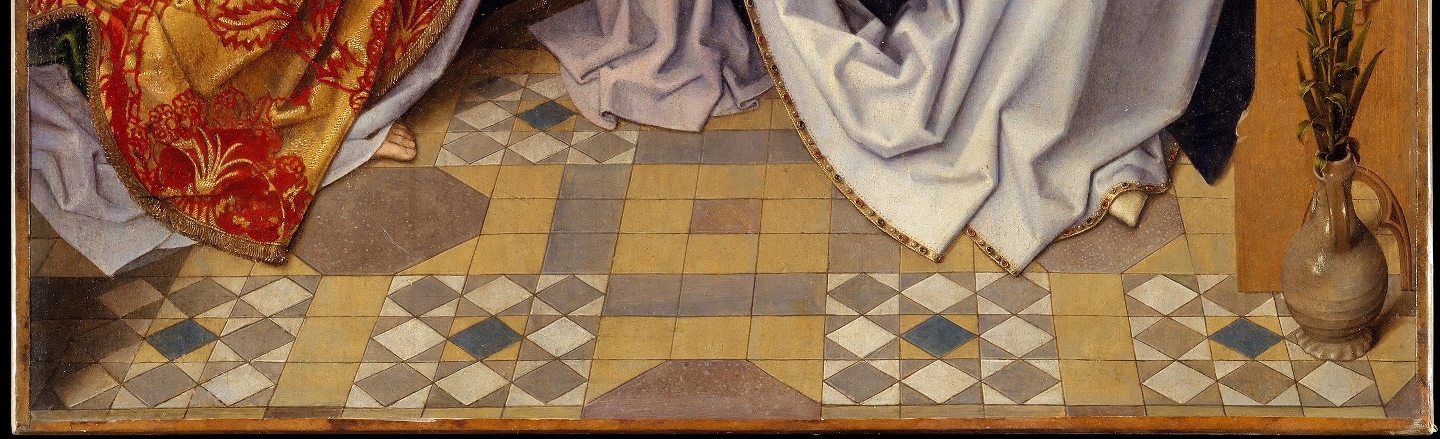 The perspective recession of the floor tiles establishes the room's depth and grounds the celestial event in a believable domestic space , a hallmark of Flemish realism grafted onto sacred narrative.
