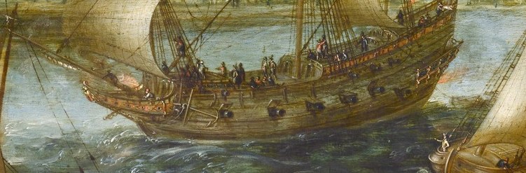 Figures on deck show human activity, part of Dutch maritime trade.