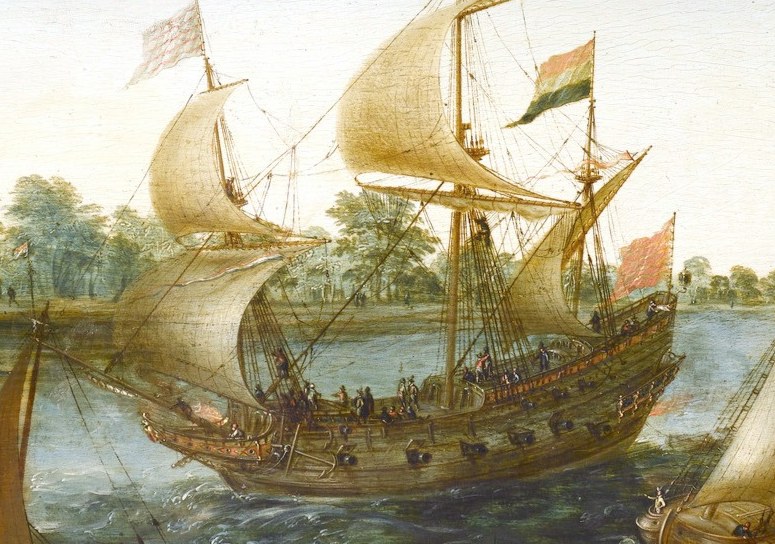Its large, billowing sails indicate a merchant vessel.